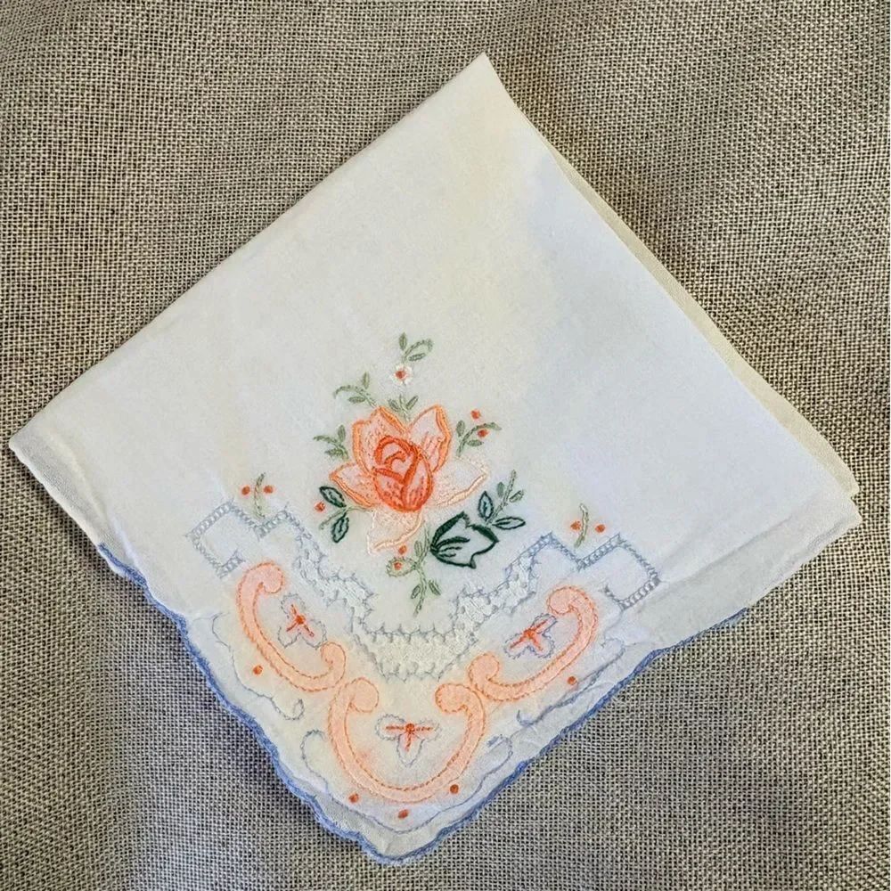Vintage Handkerchief Fine Cotton Cutwork Embroidered Floral Peach Blue